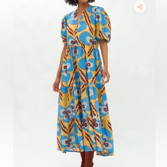 Oliphant Midi Dress with Puff Sleeves and Floral Pattern Patola Mustard - Picture 1 of 6